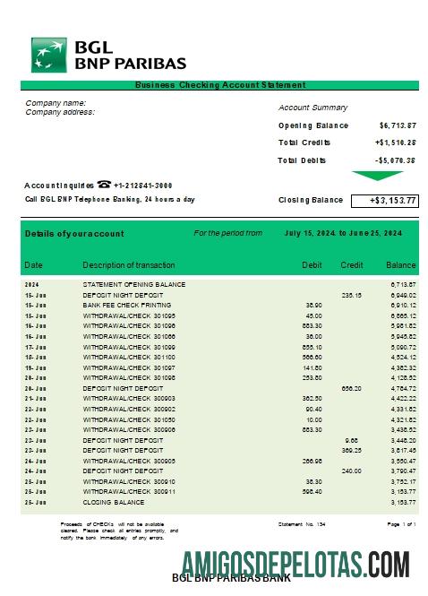 Imprimível BGL BNP Paribas Business Checking Account Statement Word e PDF modelo Scr